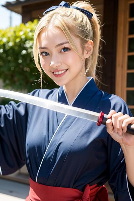 1girl,blonde hair,ponytail, japanese,cute face,22uo,smile,light blue eyes, ninja, katana,holding weapon, hair ribbon