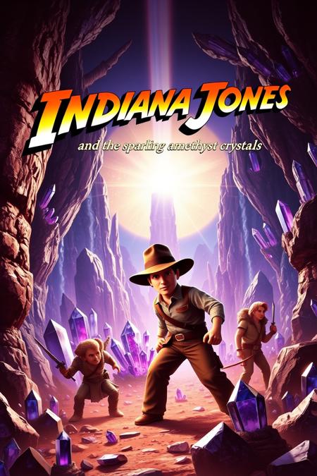 movie poster, title "Indiana Jones and the sparkling amethyst crystals"