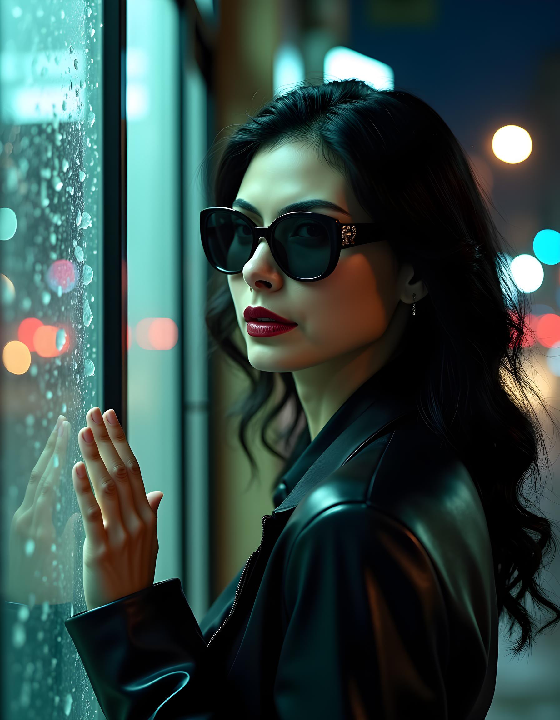 In a gritty, neo-noir setting of rain-soaked, dimly lit streets, the camera angles from below looking up captures M0R3N4B, a woman with raven-black hair cascading down her back like a waterfall, her eyes hidden behind large, dark sunglasses. Her lips are parted slightly, revealing a hint of red lipstick against the pale backdrop of her complexion. The focus is on her face, her nose prominent and straight, as she stands alone in the frame, bathed in the soft glow of a single streetlamp, her hand lightly touching the cool glass of an empty, shattered storefront window, exuding an air of mystery and intrigue.