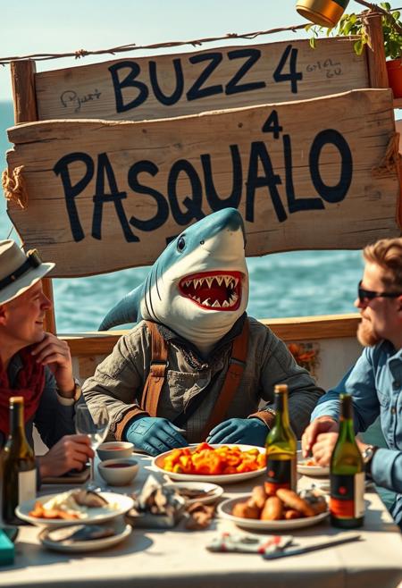 An Italianized humanoid shark named ‘Pasqualo,’ with features blending both shark and human characteristics—sharp teeth, fin-like arms, and a rugged fisherman outfit. Pasqualo is seated at an outdoor dinner table by the seaside, enjoying a lively meal with his fisherman friends. The atmosphere is warm and inviting, with a rustic Mediterranean vibe. Behind them, a large, hand-painted wooden sign reads ‘BUZZ 4 PASQUALO.’ The setting includes fish dishes, bottles of wine, and traditional Italian decor. Pasqualo appears to be laughing and engaged in a hearty conversation, blending seamlessly into this lively, maritime scene.