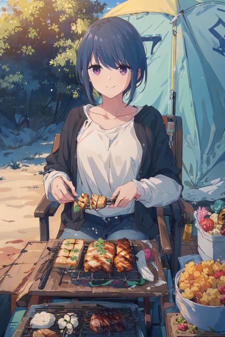 (masterpiece:1.4), (best qualit:1.4), (high resolution:1.4), shima rin, looking at viewer, smile, camping chair, tent, outdoors, nature, summer, grilling, colorful, high contrast <lora:yurucamp_movie_shimaRin_v1:1>