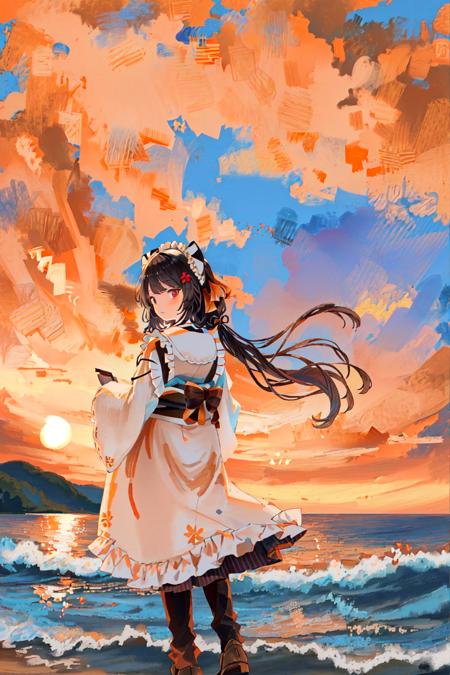 masterpiece, best quality, ultra-detailed, illustration, portrait, best Light and Shadow quality,4k,8k,[cg], 
,,
 <lora:TabiStyle:0.6>,tabi, 
((orange aqua theme)), (limited palette),
,,
from side,
 1girl, <lora:[Character]inuiToko_v2--InuiToko--:0.73>,InuiToko,inui toko, 
left yellow eye, right red eye, 
flustered, shy, 
twintails,
white and brown maid kimono with skyblue back bow, 
,,
dynamic pose, 
walking by the sea, sunset,
,,