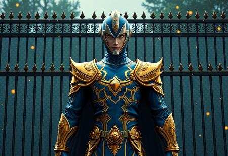 Create a highly detailed, lifelike, and HD image of a 38-year-old Decago Knight standing in front of a fence, inspired by the works of Ultraman, Ito Ogure, Hayao Miyazaki, and Studio Ghibli. The character should wear a golden blue outfit with long arms and an evil god aesthetic, with a symmetrical expression and eye symmetry. Incorporate gold dust and glitter elements, with a klimt frame and filmation style. Ensure the image adheres to the golden ratio and has a high level of intricacy, similar to the art of Masashi Ando, Artgerm, and Sorayama. The output should be suitable for use as a Telegram sticker, with a quasar and artstation-inspired level of quality.