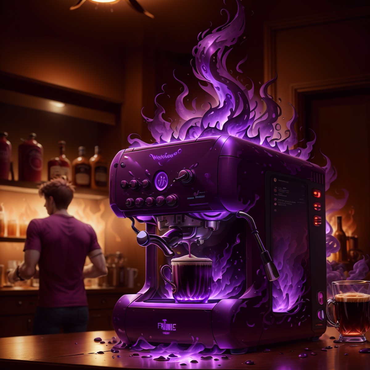masterpiece, absurdres, extremely detailed,  <lora:MadeOfFireAI:0.6>, madeoffireai, purple fire ,coffee machine, day, volu...