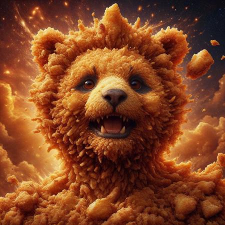DFC, score_9, score_8_up, score_8, Masterpiece, High Details, HD, 8K, Photorealistic, perfect, High Quality, A flying fairy made of deep fried & crispy breading with the face of a panda. Within a magic World