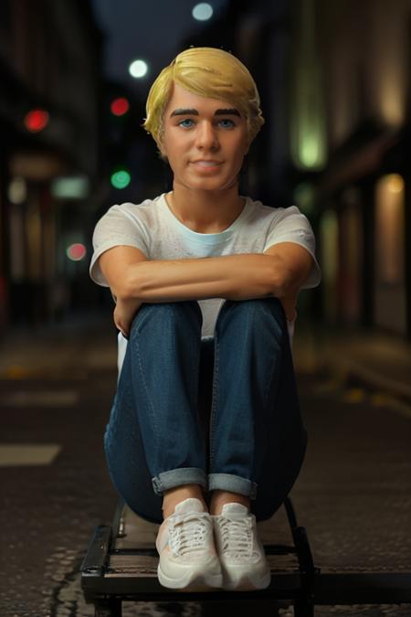 ((Masterpiece, best quality)), detailed skin, highly detailed, cinematic lighting, ultra realistic, blush, close up shot, looking at viewer, <lora:Ken_Doll:1> a toy man with blonde hair, tshirt, jeans, sneakers, sitting on a motorcycle, city scene, night, <lora:epiCRealismHelper:1>  <lora:pytorch_lora_weights:1>