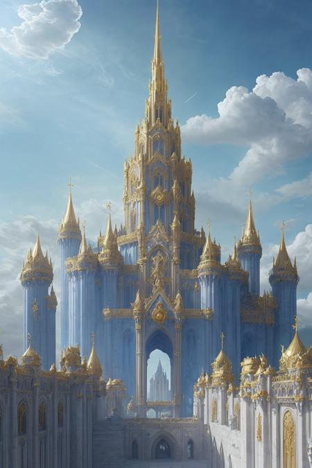 vast royal fantasy city with a towering cathedral-style castle at its center, clean marble walls and glowing runes, elevated platforms and bridges, royal guards in ornate armor patrolling, bright blue sky with white clouds, golden banners waving in wind, divine and regal atmosphere, ultra detailed fantasy concept art, Lineage 2 Aden style