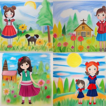 <lora:children's drawing1.5v1:1>childern's drawing,1girl,solo,(long hair,ponytail,sailor shirt,sailor collar,pleated skirt,scarf,student,bespectacled,small breasts),(black hair),(red scarf),smile,blush,standing,looking at viewer,cowboy shot,Soft Lighting,strong rim light,Beautiful Lighting,outdoors,day,cloudy sky,lens flare,garden,building,flower,