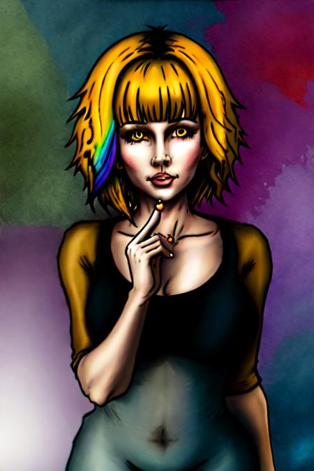 (masterpiece, best quality:1.2),1girl, solo, <lora:DuskfallArt:.7>, short hair,  yellow eyes, rainbow hair,   bangs,   parted lips, best ratio four finger and one thumb, looking_at_viewer, cowboy_shot,