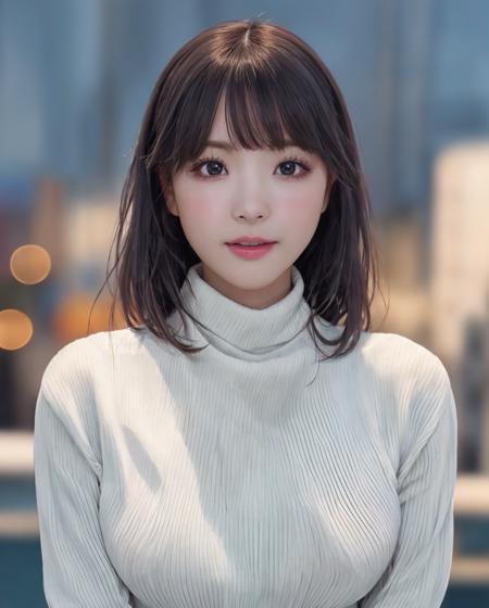 pureerosface_v1, best quality, photorealistic, 8k, high res, 1girl, woman, (skindentation), (portrait:0.6), ((cityscapebackground:2)) , ((smallsize round breast, highneck sweater:1.7)), straight-looking at viewer:1.8, (1girl eyes looking at viewer:1.45, medium-length hair, blackhair, partedbangs:1.45), photorealistic, (bokeh),   <lora:CBAV-kana:0.69>