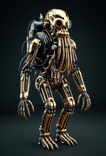 8k, Tilt shift photography style, mechanical skeleton, walking, shark octopus head, octopus gold tentacles, black gas mask, shilver armor, shick shark arms, gauntlets, black face visor, mechanical back pack, shilver circuits, propeller on body, walking on the cave, simple dark background, minimalist, qu4ntum,