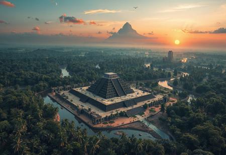 3d, detailed, detailed hands, detailed face, best quality, intricate detail, masterpiece, best quality, amazing quality, very aesthetic, full shot, birds eye view, looking down, view from above, a sprawling jungle, tall trees, rivers branching through the jungle, three pyramids in the jungle, the pyramids are spread apart, the pyramids are black and they are in a clearing, there are granite buildings and structures around the pyramids, there are granite paths connecting the pyramids and structures, there are people walking about, there are pillars that generate light to eliminate the the structures and paths, there are Kunlun Mountains in the distance, there are structures on the mountains, the sun is setting, the sky are shades of orange and pink, there are clouds in the sky, birds are flying over head, the moon is in the sky, boats are on the river with people rowing them, a granite residential area is visible, an tall granite buildings are erected throughout the jungle,