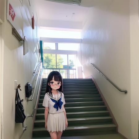 best quality, ultra-detailed, illustration,
kaidan, stairs, scenery, window, railing, industrial pipe, door, day, indoors, sunlight, shadow, school, outdoors, hallway,
1girl, glasses, black hair, long hair, black eyes, school uniform, blush, looking at viewer, standing,
<lora:Kaidan_school_SD15_V4:1>