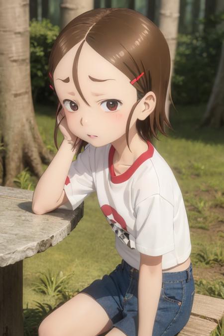 1girl, yukari_tenkawa, brown eyes, short hair, brown hair, hairclip, hair ornament, forehead, shirt, short pants, looking at viewer, forest <lora:yukari_tenkawa:0.7>