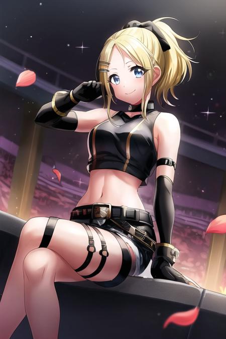 Yuka Sasago Jennifer, 1girl, solo, gloves, fingerless gloves, blonde hair, crossed legs, short shorts, closed mouth, smile, black gloves, shorts, blue eyes, sitting, hair intakes, hair ornament, midriff, black shorts, navel, long hair, sleeveless, black scrunchie, shiny hair, looking at viewer, bow, thigh strap, collarbone, bangs, hairclip, hair bow, shiny, ponytail, stomach, black bow, asymmetrical gloves, dutch angle, petals, shirt, breasts, black belt, stuffed toy

 <lora:d4dj:1>