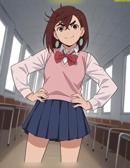 <lora:momo-ayase-leak-ponyxl-lora-nochekaiser:1>, momo ayase, short hair, brown hair, brown eyes, bangs, thick eyebrows, skirt, school uniform, pleated skirt, shoes, socks, loafers, sweater vest, pink sweater, shirt, white shirt, collared shirt, earrings, green earrings,