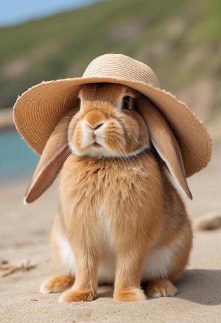 A close-up photo of an adorable brown rabbit sitting on the beachside, wearing a sunhat with soft, fluffy ear flaps. The rabbit looks content and snug, with the summer landscape blurred in the background, creating a charming and warm contrast between the sunny environment and the lovely appearance of the bunny. The hat adds a cute and whimsical touch to the scene, making it perfect for a summer-themed setting.