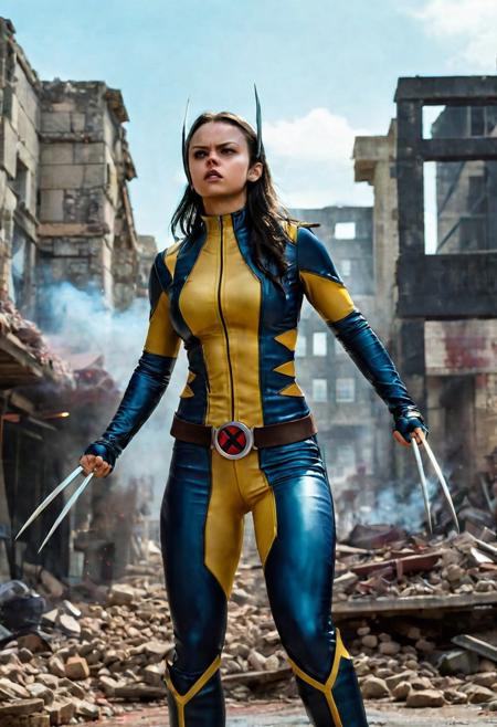 High resolution ultra-realistic of Beautiful Laura Kinney/X-23, cinematic lighting, MCU style, ultra realistic, 8K, fighting stance, X-Men style, standing among the ruins of buildings, Greg Rutkowski, Intricately Designed bloody dirty face, wavy black hair, Realistic beautiful brown eyes, gazing straight ahead, Atrractive 21 years old Dafne Keen as X-23 woman, realistic modern combat X-Men costume, dirty, bloody, beautiful firm Breasts, defiant and seductive, X-Men style, Marvel style, MCU sci-fi style, Superheroine, Standing in the middle of a dark dirty street on the City, sharp focus, digital painting, Photograph Taken on Nikon D750, Alphonse Mucha, 8K, athletic figure, Hyperdetailed, hyperrealism, aesthetics reminiscent of X-Men, Attractive, Attractive bust girl, asymmetric balance