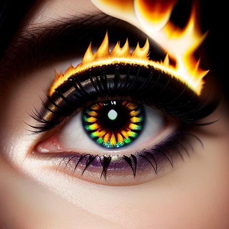 Ultra extreme closeup of a young womans eye ((((with fierce fire inferno from it)))), glossy green eye shadow, fire lighting the dark scene, super macro, green eye, view from side, mascara, winged eyeliner, mesmerizing, eyelash extension, shallow depth of field, f/1.4, focus blur, beautiful, bokeh, reflections, ultra realistic, gorgeous, silky smooth skin, dramatic light