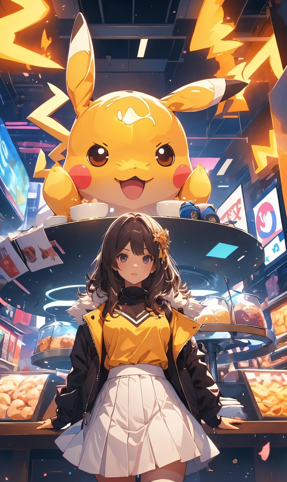 A young woman stands in front of a giant yellow Pokemon, with various food items and cups in the background.