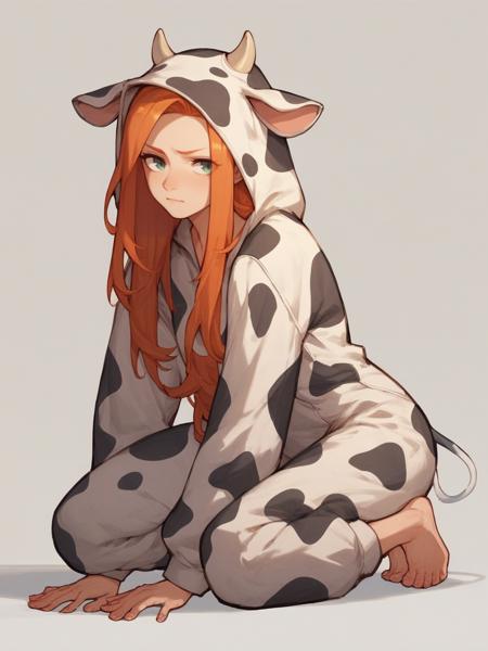 cow onesie, solo, cow print, animal costume, barefoot