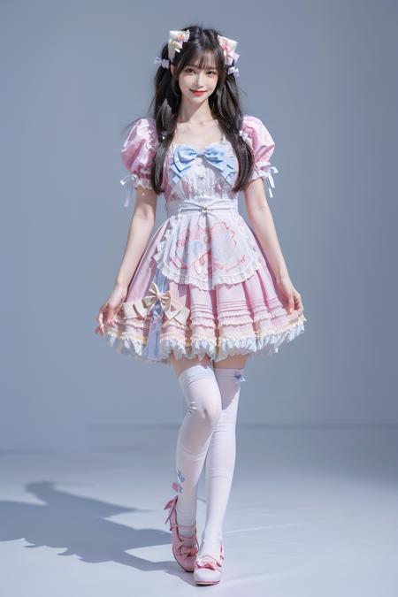 best quality, quality, masterpiece, photorealistic, 1girl, solo, standing, long black hair, straight hair, blunt bangs, looking at viewer, smile, full body, cyb dress, bow, apron, frills, puffy short sleeves, hair ornament, ( white thighhighs:1.4), white high heels, simple background, <lora:sweet_attire_style1_v1:0.65>