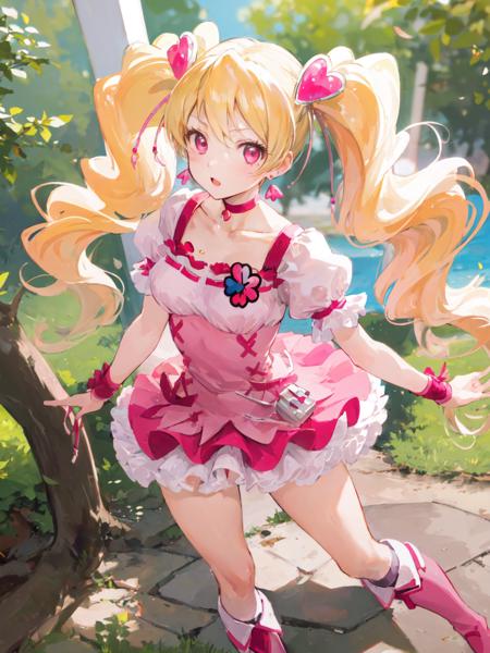 cure peach twintails, puffy short sleeves, ribbon choker, pink boots, earrings