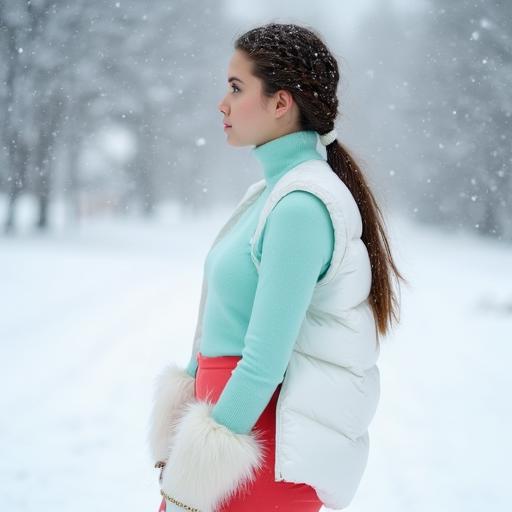 A side profile middle shot photograph of a young woman, 90saj, wearing a turquoise turtleneck sweater, a pair of coral leggings and a white puffer jacket, white snow boots with fur cuff, long side braid, brunette hair, snowing, outside, blue eyes