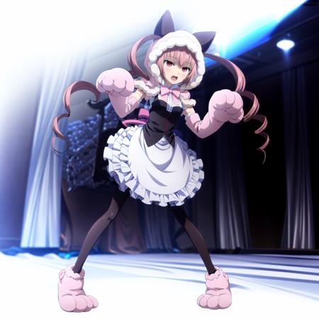 FarisNyanNyan,1girl,twin drills, long hair, twintails, twin drills, pink hair, pink eyes, cat hood, cape,apron, paw gloves, cat tail, closed mouth,:3,smile, AkihaRumiho,1girl,twin drills, maid, black dress,black gloves,tiara, white_dress,white gloves, yellow dress,shorts, miko, sailor_dress, paw_pose, one eye closed,;3,smile,closed mouth,