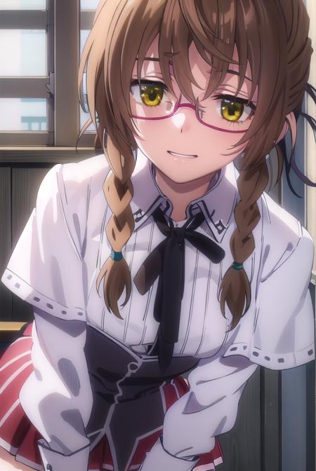 aikakiryuu, <lora:aika kiryuu anime s2-lora-nochekaiser:1>,
aika kiryuu, long hair, brown hair, (green eyes:1.5), braid, glasses, twin braids, smile,
BREAK shirt, ribbon, school uniform, white shirt, black ribbon, neck ribbon, capelet, black capelet, long sleeves, skirt, red skirt,
BREAK indoors, classroom,
BREAK looking at viewer, (cowboy shot:1.5),
BREAK <lyco:GoodHands-beta2:1>, (masterpiece:1.2), best quality, high resolution, unity 8k wallpaper, (illustration:0.8), (beautiful detailed eyes:1.6), extremely detailed face, perfect lighting, extremely detailed CG, (perfect hands, perfect anatomy),