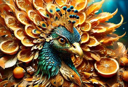 a( peacock:1.6) in full grandeur, viewed head-on with its magnificent tail made of orange peel fanned out in a dazzling display, (tail's feathers made of orange peel:1.5)
score_9, score_8_up, score_8_up, masterpiece,super detailed face, super high resolution, FaceDetail, masterpiece-level, highly detailed, intricate details, detailed background, complex background, cinematic, intricately detailed illustration, depth of field, masterpiece, best quality, amazing quality, very aesthetic, absurdres, newest, very awa, shadow, 
1c3_w1n73r