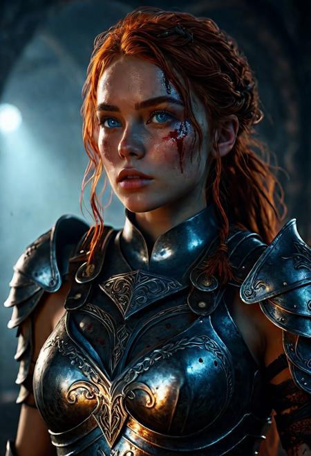 Ultra detailed digital art masterpiece Warrior girl dressed in a iron Armor, Standing on a battlefield at the head of an army of knights, where a bloody slaughter is taking place, standing in battle pose, a dark epic fantasy, perfect lighting, beautiful  Sadie Sink as Warrior girl, attractive woman, elegant, sinewy athletic body, unreal engine 5 nanite quality, mixed with dark elements, dark environment, very stormy night, clean dark velour witch clothing, LOTR style, dark washed out eyeliner, no make up, natural bloody face, realistic blue eyes, ultra detailed atmospheric details, beautiful glowing effects, sparkle effects, realistic body proportions, beautiful face proportions, complex masterpiece, wavy red hair, creative glowing detailed tattoos, complex physics, enhanced colors, complimentary colors, ultra detailed raytracing reflections, Ultra detailed complex background, environment feels alive, direct eye contact, dramatic lighting, wet and sweaty skin, beautiful firm Breasts, Concept art portrait by Greg Rutkowski, adding to the intense and dynamic atmosphere of the scene.