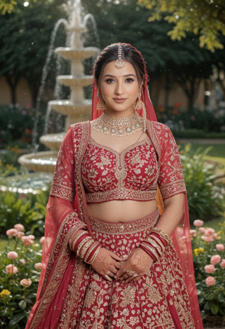stunningly beautiful, perfect face, wearing Indian Lehnga, posing in a beautiful garden, flowers, fountain, 
intricate details, ultra-realistic, high saturation, cinematic light, 35mm raw photo, professional photography, 8K, 4k, high quality, background blur,