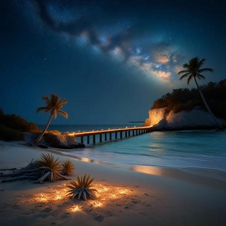 "Stargazing at Bahia Honda": Create a breathtaking nocturnal scene merging Raphaella Spence's expansive night skies, Jason De Graaf's surreal light effects, and Rod Penner's meticulous landscape rendering. Depict the arc of the Milky Way stretching over Bahia Honda's iconic bridge and beach, using Spence's technique to capture the vastness of the star-filled sky. Apply De Graaf's surreal light manipulation to portray bioluminescent waves lapping at the shore, creating an ethereal glow that complements the starlight. Utilize Penner's hyperrealistic style to render the beach landscape in exquisite detail - from individual grains of sand to the textures of driftwood and palm fronds. Include a small group of stargazers on the beach, their silhouettes barely visible against the glowing sand. Capture the interplay of celestial and terrestrial light sources, balancing the cool tones of the night sky with the warm hues of the bioluminescence and distant lights from the mainland.
midjourneyv6.1, detailmaximizer, aidmaMJ6.1, flux-style