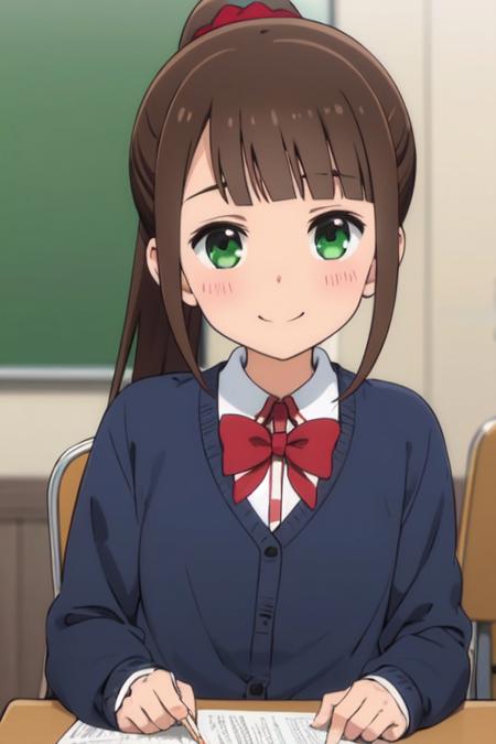 hitoribocchi no marumaru seikatsu anime lineart, aru honshou, brown hair, ponytail, hair ornament, green eyes, school uniform, white shirt, blue jacket, red bowtie, long sleeves, pleated thighhigh light blue skirt, thighhigh skirt, thighhigh black, happy face, looking at viewer, siting on chair, inside classroom