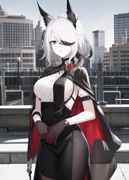 Koshelna animal ears long dress black pants black capelet hair over one eye white shirt sideboob