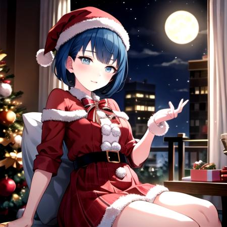 <lora:HarukaV2-07:0.75>,harukachan, blush, santa hat, santa dress, christmas, gift, sack, christmas tree, sitting, indoors, full moon, moon