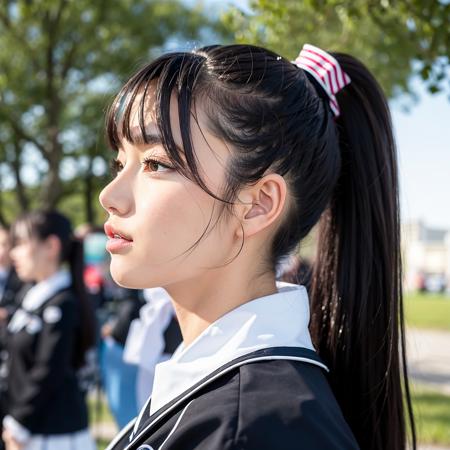 (masterpiece, best quality), sideface, looking at the side, facing up, from below, 1 girl, wave ponytail, black hair, bangs, cowboy shot, school uniform, <lora:sideface:0.6>