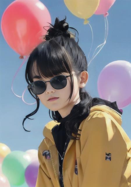 masterpiece, best quality, 1 girl, pretty and cute, (rainbow color Highlight Hair:1.4), wearing blue and purple sunglasses, yellow jacket with white pattern, white sweater, many colored balloons, doll face, ponytail braid, perfect detail eyes, delicate face, perfect cg, HD quality, colored balloons, sky ,black boots ponytail, <lora:sumetal:1>, detailes face