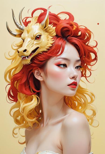 fine art, 35mm camera, beautiful photorealistic pale yellow red and golden kirin, daydreaming, impasto, playful and imaginative abstract art, pop surrealism, inspired by Conrad Roset. Analog Color Theme, retrospective, flat, 2.5D