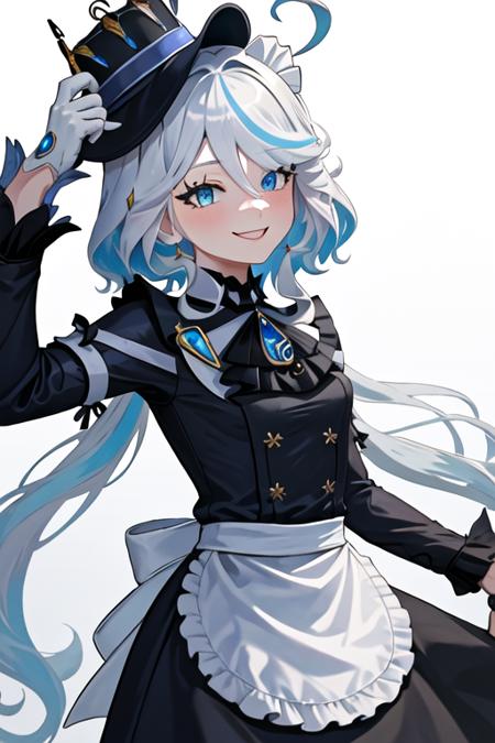 best quality, masterpiece, highres, solo, {maid:1.40}, {long maid dress:1.15}, {focalors_genshin:1.15}, blue_eyes, hat, blue_hair, white_hair, hair_between_eyes, bangs, smile, bow, ahoge, multicolored_hair, long_hair