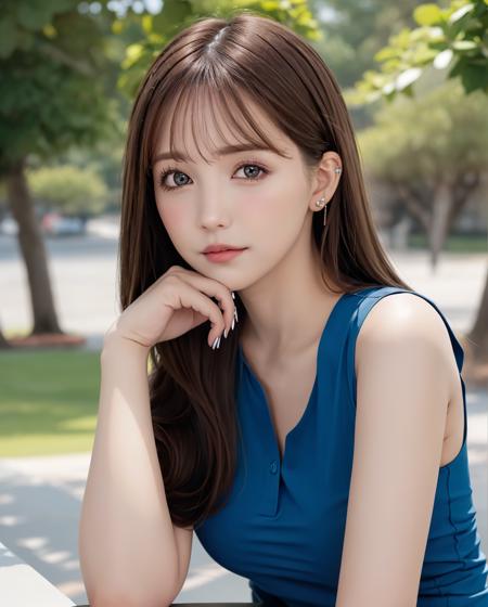 best quality, photorealistic, 8k, high res, full color, 1girl, woman, 20 years old woman, (closed mouth:1.73), (skindentation), (portrait:0.6), trees, park bench, daylight, ((park background:1.52)), full color, ((sleevelessblueshirt:1.58)), looking at viewer:1.8, (1girl eyes looking at viewer:1.55), (medium hair, brownhair, partedhair:1.45), (bokeh), <lora:AAV-yua2:0.69>