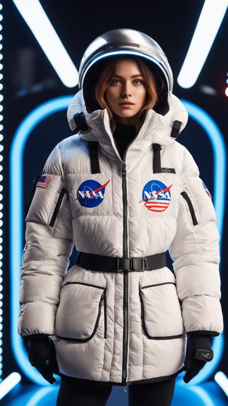 1girl, down Jacket, puff, fashionable style, A science fiction space setting, NASA logo, microsomia, Fine facial details, Futuristic design, A cinematic shot, octane render, Exquisite facial features, 150 mm, close-up, beautiful studio soft light, rim light, vibrant details, hyperrealistic, elegant, beautiful background, 8k, best quality