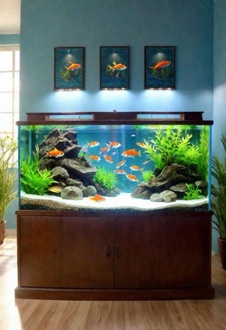 Feng Shui aquarium in a serene home room, sunlight filtering through, fine  fish