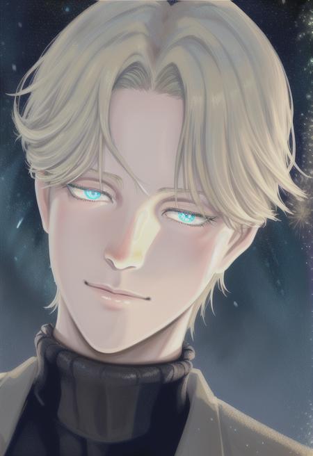 1boy,blue eyes,portrait, blonde hair, blue eyes, short hair, black turtleneck,a digital painting of a man with blue eyes and a tie on his neck and a black background with stars, star_\(sky\), starry_sky, space, night_sky, galaxy, starry_sky_print, night, aurora, milky_way, light_particles, shooting_star, constellation, planet, earth_\(planet\), snowing, sky, solo, fireworks, city_lights, snow, starry_background, astronaut, 1boy, blue_eyes