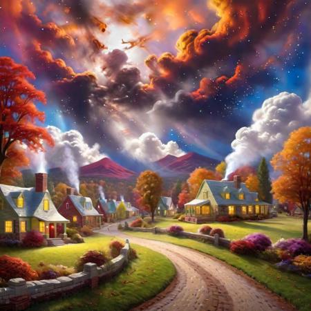 photo realistic, hyper detailed 8k Thomas Kinkade Style village with a large Thomas Cole Style landscape in   Style-Autumn with a sky like a nebula