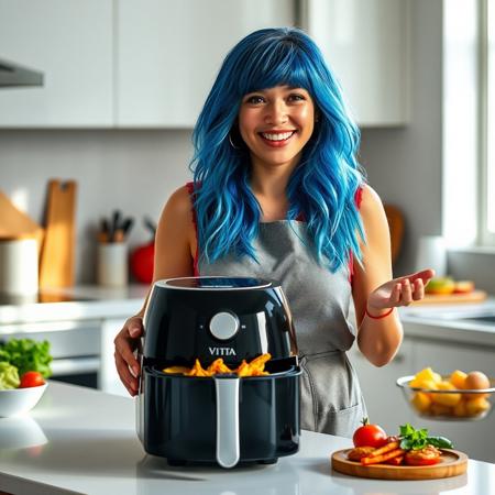 epic cinematic photography of a 23 young woman with a Long shaggy style vibrant blue hair stands in a bright, modern kitchen, enthusiastically showcasing a sleek air fryer. She’s wearing a stylish apron, and the countertop is filled with colorful vegetables and healthy snacks. With a warm smile, she explains the benefits of cooking with an air fryer, demonstrating how easy it is to prepare crispy fries and roasted veggies. The sunlight streams in through the window, highlighting her energetic personality as she invites viewers to join her on a journey to healthier cooking,on the handle of the air fryer it has the company branding that says (Vitta)"