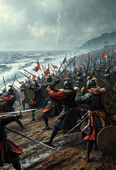 A vivid, cinematic battle on a stormy coastal plain, showing adult Japanese samurai clashing with adult Mongolian warriors in a 13th-century conflict. Rain lashes the scene as warriors engage in intense combat, with ocean waves crashing and distant ranks fading into mist. The atmosphere is chaotic and richly detailed.
Japanese Samurai: Elite samurai, all mature warriors, wield katana and naginata, blades gleaming. Ashigaru spearmen, also adults, form disciplined ranks with yari spears. Samurai wear o-yoroi armor: lacquered iron plates in crimson and black, tied with silk cords, paired with kabuto helmets featuring gold crests and protective menpo masks. Ashigaru wear simpler do-maru armor in muted greens. Tate shields display white clan mon. Weapons include tachi swords, tanto daggers, and yumi bows. Colors are crimson, black, and gold, with blue-white silk sashes billowing.
Mongolian Warriors: Adult Mongol horse archers fire composite bows, while infantry brandish curved sabers and maces. They wear lamellar armor of iron and leather in browns and blues, with conical helmets topped with horsehair plumes. Round shields bear red-black tribal patterns. Cavalry wear fur-lined vests and felt boots. Weapons include short spears and handaxes. Colors are brown, blue, and red, with embroidered saddlecloths.
Stormy skies and lightning highlight wet armor. Mud and battle scars add realism.