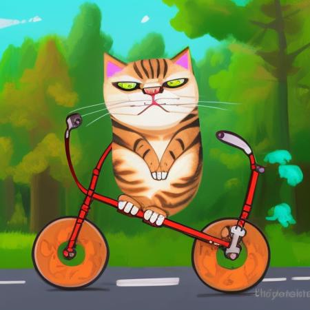 vlozhkin  a angry cat  rides a unicycle, one-wheel cycle, unicycle, opened mouth , summer  forest,  side view, vlozhkin detailed cat, vlozhkin cat's face, vlozhkin style, illustration, art