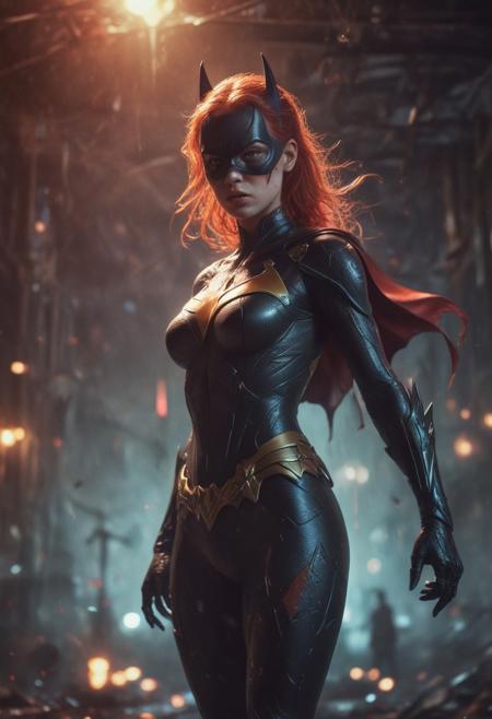 High resolution ultra-realistic of beautiful realistic Batgirl fighting against alien invasion, cinematic style, standing on a bloody and stormy battlefield in a fighting pose, bloody massacre, realistic modern combat costume, black mask, red cape, perfect athletic figure, wavy red hair, handsome dirty bloody face, beautiful perfect detailed pupils, wet oily shiny skin,covered in dirt and blood, beautiful firm Breasts, defiant and seductive, sexy 20 year old girl, 8k resolution concept art portrait by Greg Rutkowski, Dark Gotham City, Artgerm, WLOP, Alphonse Mucha, dynamic lighting, hyperdetailed, intricately detailed, Splash art trending on Artstation triadic colors, Unreal Engine, 5 volumetric lighting, Cinematic Lighting, intricate, smooth, sharp focus digital painting, Asymmetrical Balance, painting, dynamic lighting